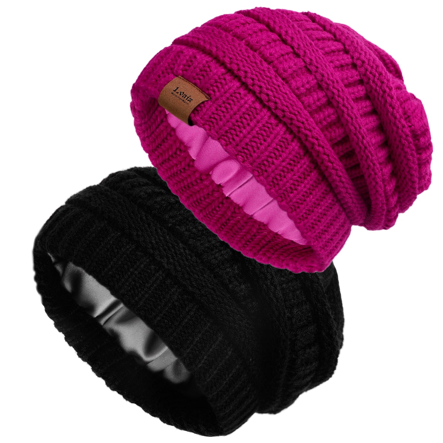 2 Pieces Satin Lined Cable Beanies