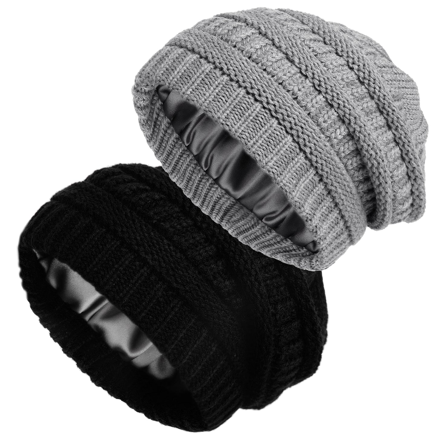 2 Pieces Satin Lined Cable Beanies