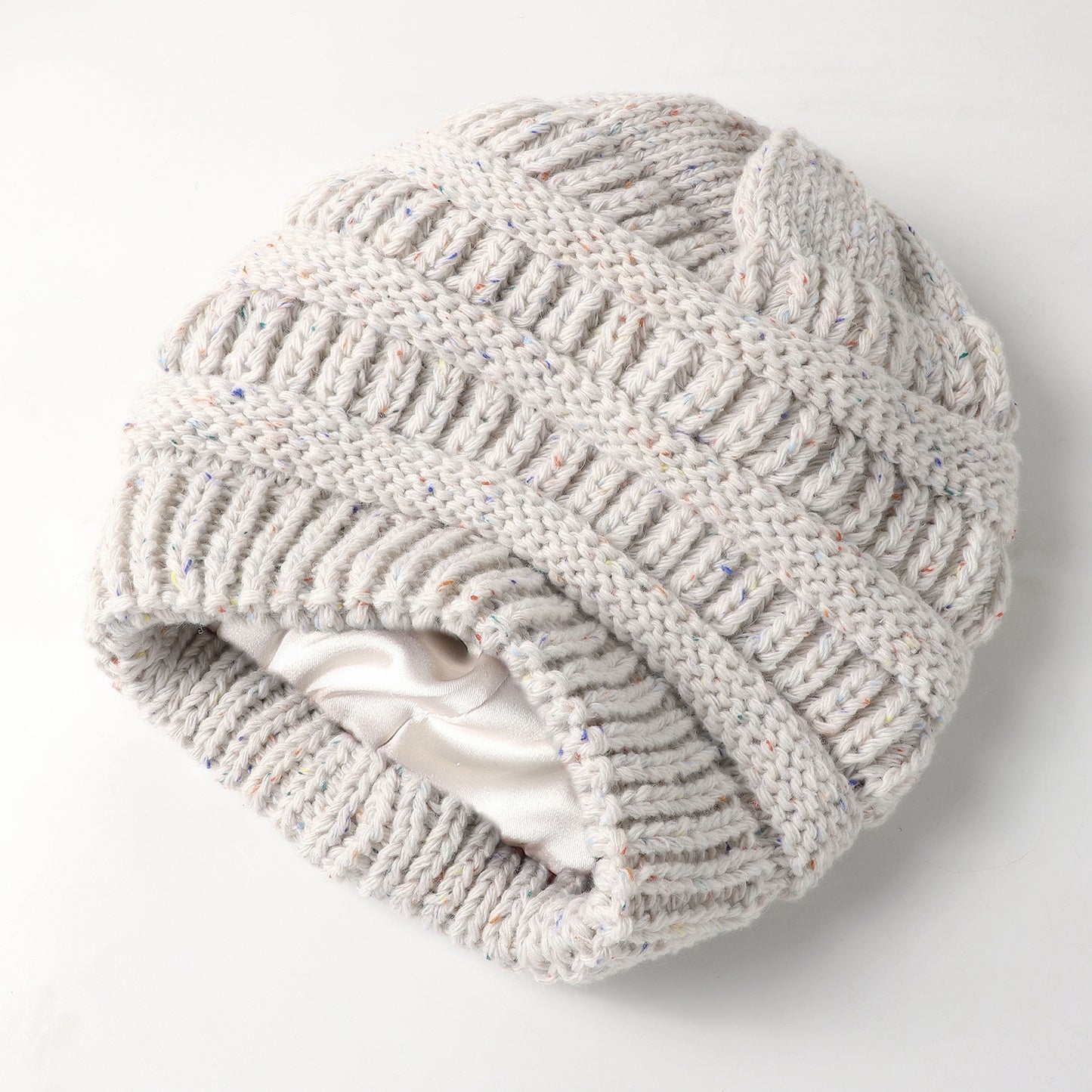 Colored Yarn Cable Knitted Satin Lined Beanie